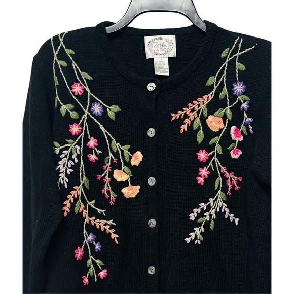 Vintage Black Embroidered Floral Button Ramie Cotton Blend Cardigan‎ Size Small - Picture 2 of 12
